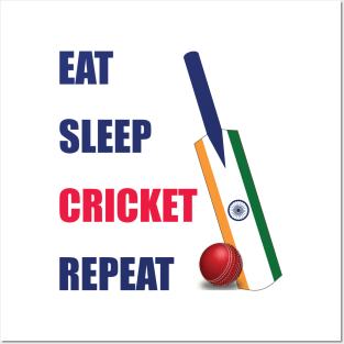 Eat Sleep Cricket Repeat India Flag Cricket Bat Posters and Art